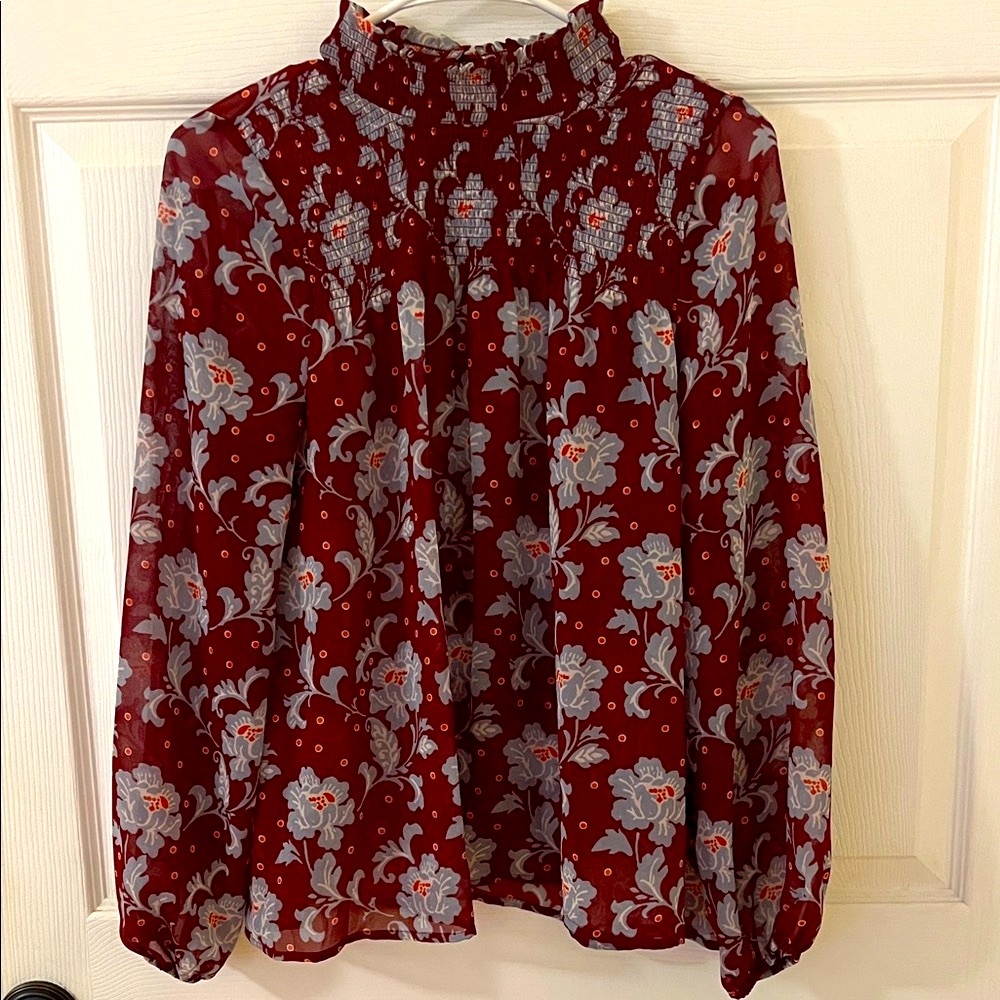 a.n.a Burgundy Floral Sheer Blouse